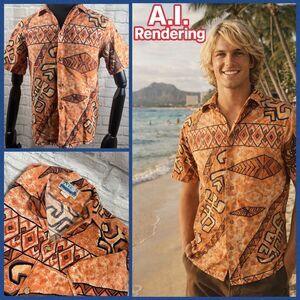 Vtg RJC Barkcloth Polynesian Tapa Hawaiian Men's Shirt Medium Made In Hawaii USA